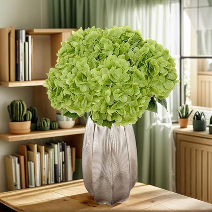 Kimura's Cabin 5Pcs 21inch Real Touch Artificial Hydrangea Flowers Lifelike Latex Hydrangeas Long Stem with Leaves Hydrangea Bouquet for Home Wedding Baby Shower Birthday Party Decoration （Green）