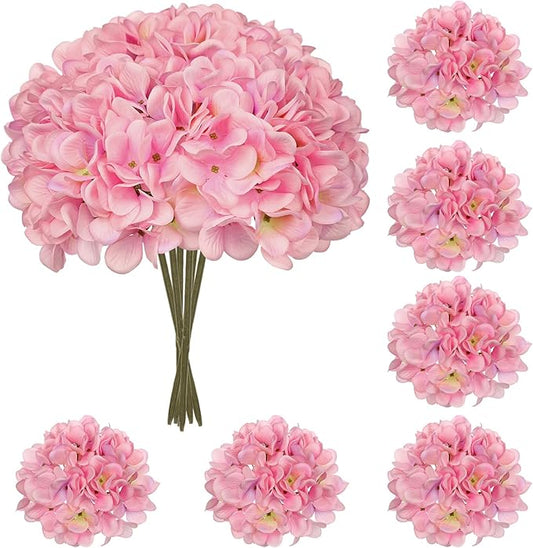 Hollyone 6 Pcs Pink Hydrangea Artificial Flowers Heads with Stems Silk Faux Hydrangea Pink Fake Flowers for Home Indoor Outdoor DIY Floral Wedding Flower Bouquets Kitchen Table Centerpiece Decor