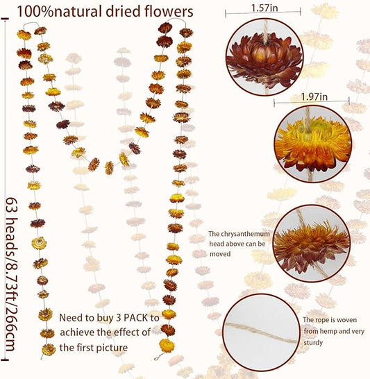 Dried Flowers Garland Real Daisy Sunflower Garlands 8.7ft 63Pcs Bulk Natural Dried Flowers Heads Gerbera Daisies Dry Flower Arrangement for Wedding Boho Decor Home Party Wall Hanging Decoration