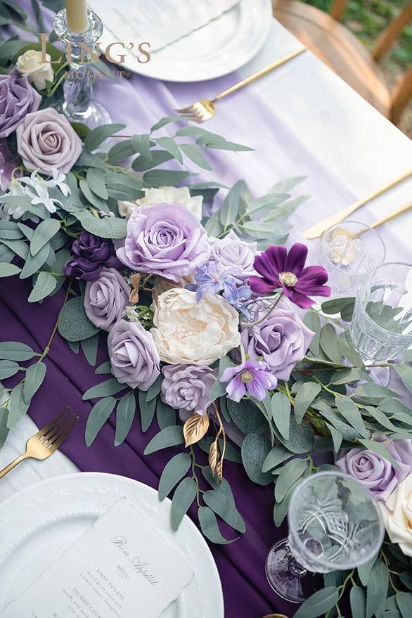 Ling's moment Flower Garland - 6FT Eucalyptus & Rose - Sweetheart Table Decor for Wedding Reception, Artificial Floral Garland for Mantle, Thanksgiving, Christmas Decoration, Lilac & Lavender