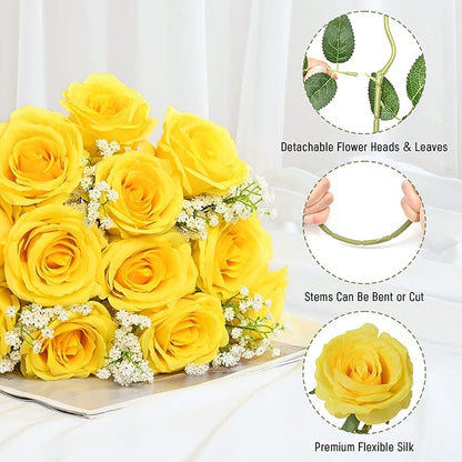 Waipfaru 20 Pcs Fake Yellow Roses Babys Breath Artificial Flowers Bulk, Silk Yellow Rose Faux Babys Breath with Long Stems for Wedding Bouquet Vase Flower Arrangement