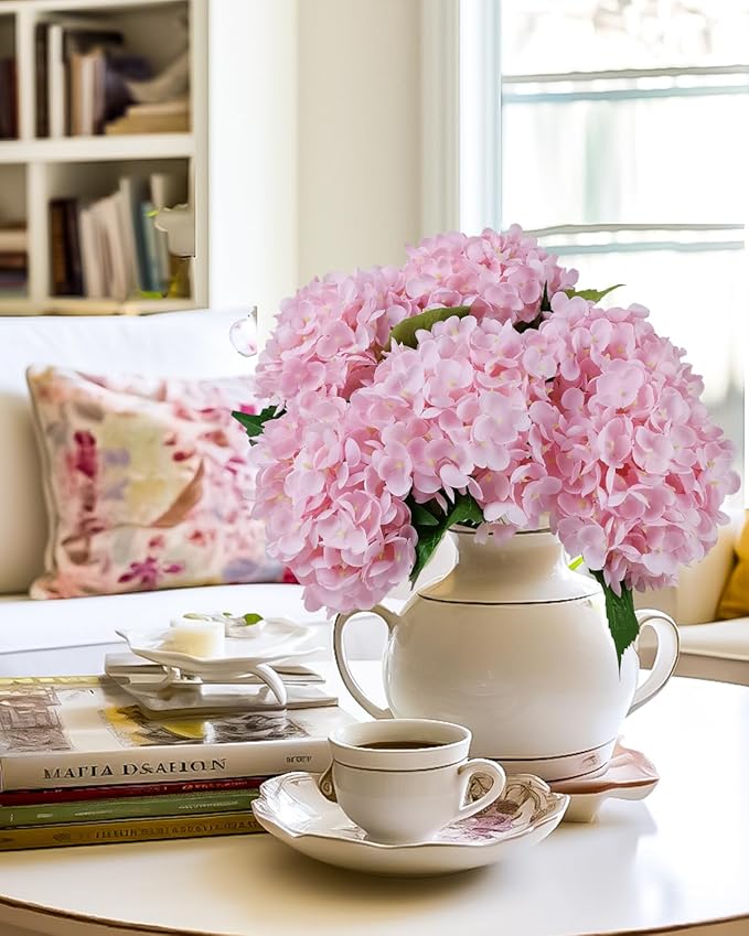 6PCS Premium Pink Hydrangea Artificial Silk Flowers, Lifelike Fake Hydrangea Head with Stems, Faux Floral Arrangements for Wedding Bouquets, Home Table Centerpieces, Party Decoration