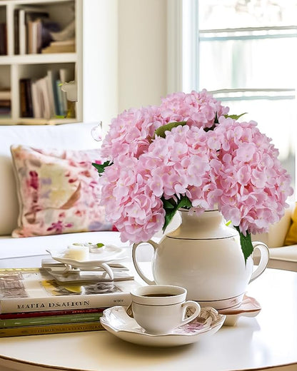 6PCS Premium Pink Hydrangea Artificial Silk Flowers, Lifelike Fake Hydrangea Head with Stems, Faux Floral Arrangements for Wedding Bouquets, Home Table Centerpieces, Party Decoration