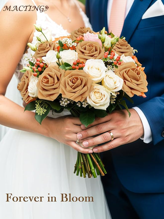 MACTING 30PCS Artificial Flower Roses Real Touch Fake Rose Flowers with Stem Foam Roses for DIY Wedding Bouquet Table Centerpieces Party Baby Shower Spring Home Valentines Day Decorations,Gold Yellow