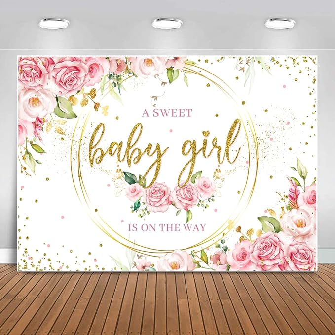 Sensfun Pink Floral Baby Girl Backdrop for Baby Shower Party Decorations Glitter Gold Watercolor Flower It's a Sweet Baby Girls Baby Shower Banner Photography Background Photo Booth Shoot Props 8x6ft