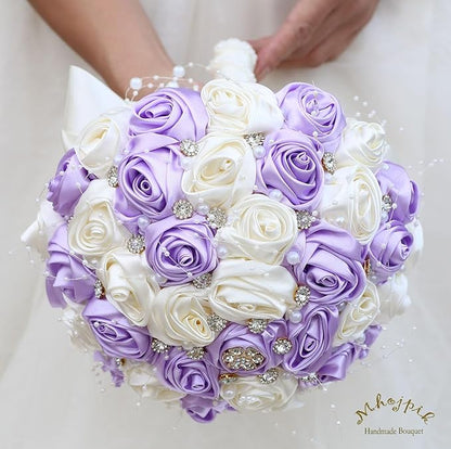 Bridal Wedding Bouquet Round Bling Brooch Bouquet Throw Toss Artificial Rose Flower Bunch for Bride Bridesmaid Wedding Quinceanera(Light Purple & Ivory, 6.3")