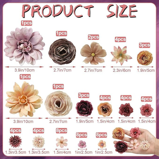 Artificial Flower Heads Combo - Fall Silk Dahlia & Roses Fake Flowers for Wedding, Party, Graduation Cap DIY, Cake Decoration, Table Centerpieces, Home Decor
