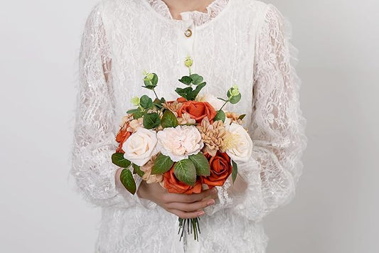 SITUMEIZI Roses Artificial Flowers Combo Orange Flowers Mix Silk Foam Flowers Peony Dahlia with Stems for DIY Bridal Wedding Bouquet Baby Shower Party Home Decor Floral Arrangements 27pcs