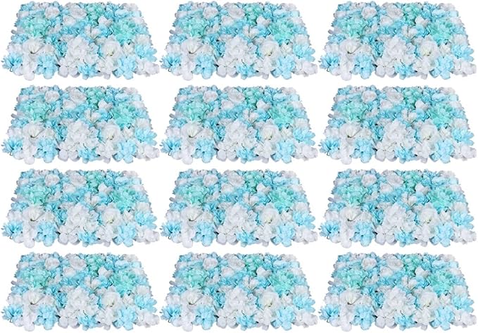 LOYALHEARTDY 12 Pack Artificial Flower Wall Panels 24" x 16" Blue & White Faux Hydrangea and Rose Artificial Flower Backdrop Panels for Wedding Party Event Flower Wall Decor