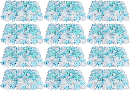 LOYALHEARTDY 12 Pack Artificial Flower Wall Panels 24" x 16" Blue & White Faux Hydrangea and Rose Artificial Flower Backdrop Panels for Wedding Party Event Flower Wall Decor