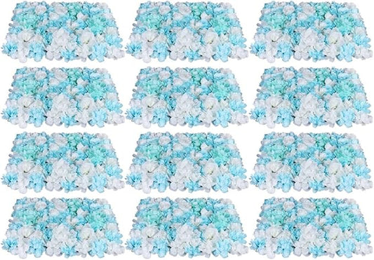 LOYALHEARTDY 12 Pack Artificial Flower Wall Panels 24" x 16" Blue & White Faux Hydrangea and Rose Artificial Flower Backdrop Panels for Wedding Party Event Flower Wall Decor