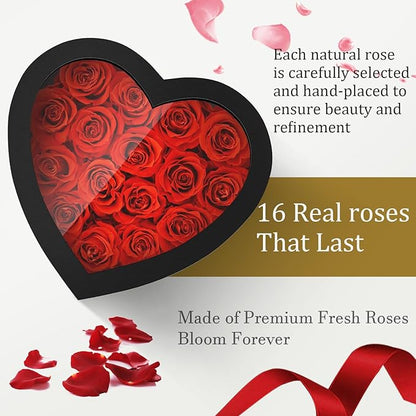 16 Forever Flowers, 9.2 inch Preserved Flowers in Heart Shape Box with Lights, Fresh Preserved Roses Gift for Her, Eternal Roses Gifts for Women Wife Birthday Mothers Day, Valentines Day Anniversary