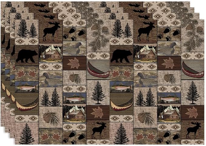 Retro Rustic Bears Deers Lodge Placemats Set of 4, Vintage Cabin Country Farmhouse Style Place Mats, Heat Resistant Non Slip Cotton Linen Dining Table Mats for Home Kitchen Party 18x12 Inch
