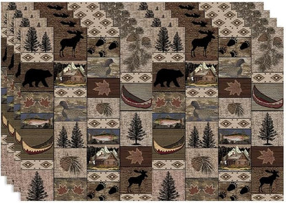 Retro Rustic Bears Deers Lodge Placemats Set of 4, Vintage Cabin Country Farmhouse Style Place Mats, Heat Resistant Non Slip Cotton Linen Dining Table Mats for Home Kitchen Party 18x12 Inch