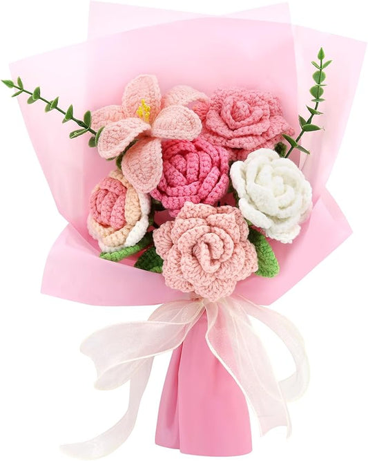 Handmade Crochet Sunflowers Rose Daisy as a Gift for Lover, Family,Friends. Crochet Bouquet, Crocheted Yarn Flowers, Artificial Flower Finished Bouquet (Pink)