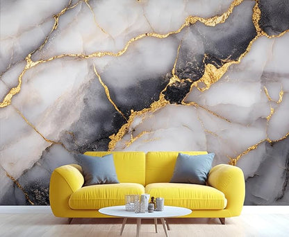 Golden Veins Marble Wall Mural, Black and White Marble 3D Wall Murals, Luxury Stone Wallpaper Mural, for Living Room Bedroom Large Wallpaper Indoor Decor 137.8" W x100 H