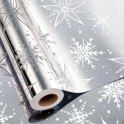 MAYPLUSS Christmas Gift Wrapping Paper Roll - 17 Inch X 33 Feet - Luxurious Metallic Silver Snowflake Elegant Frozen Winter Gift Wrap for Christmas Holiday Scrapbook Paper, Festive Decoration