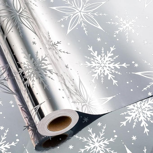 MAYPLUSS Christmas Gift Wrapping Paper Roll - 17 Inch X 33 Feet - Luxurious Metallic Silver Snowflake Elegant Frozen Winter Gift Wrap for Christmas Holiday Scrapbook Paper, Festive Decoration