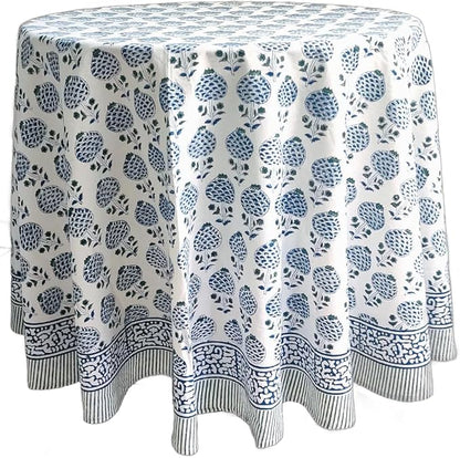 ATOSII Roma Blue 100% Cotton Boho Round Fall Tablecloth, Handblock Floral Print Table Cloth Linen for Kitchen Dining I Parties, Outdoors, Weddings, Christmas, Thanksgiving Decor 90" Inches Diameter