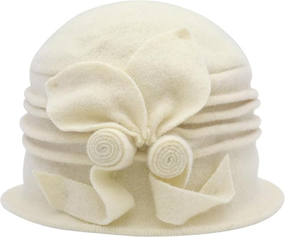 ZLYC Women Wool Cloche Bucket Hat 1920s Vintage Dress Winter Hats with Flower Accent