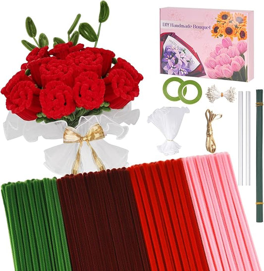 500 PCS Pipe Cleaners Craft Kit for Flower Making Rose DIY Material Bundle with 20 Stems, 100 Stamens, Ribbon, Tulle, Glue Sticks & Step-by-Step Guide - Vibrant Colors, Non-Shedding, Fade-Resistan