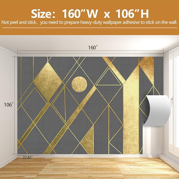 Geometric Mural Wallpaper Gray and Gold Wall Murals for Living Room or Office Decor（Not Peel and Stick）