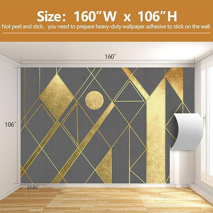 Geometric Mural Wallpaper Gray and Gold Wall Murals for Living Room or Office Decor（Not Peel and Stick）