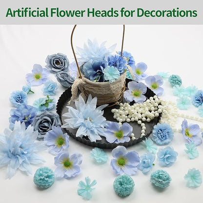 56 PCS Faux Flower Heads Combo Blue Silk Flowers Mix Peony Rose Hydrangea Fake Florals for DIY Crafts Wedding Bouquets Centerpieces Arrangements Party Bridal Baby Shower Home Decorations