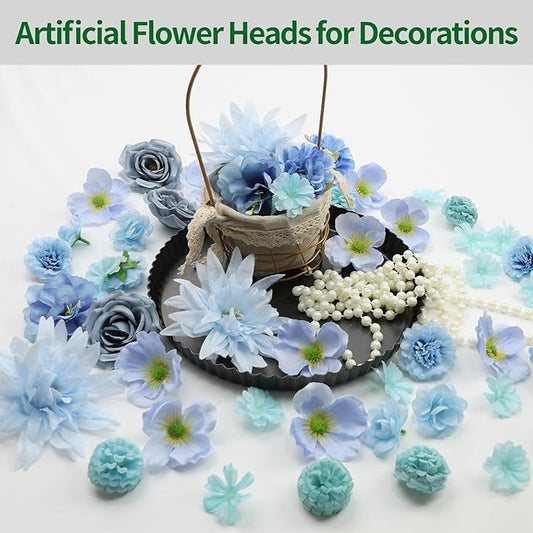 56 PCS Faux Flower Heads Combo Blue Silk Flowers Mix Peony Rose Hydrangea Fake Florals for DIY Crafts Wedding Bouquets Centerpieces Arrangements Party Bridal Baby Shower Home Decorations