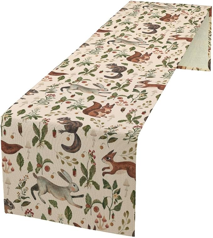Rustic Forest Table Runner, Cartoon Woodland Wild Animals Rabbit Fox Vintage Botanical Mushroom Herbs Table Cover for Indoor Outdoor Home Decor Party, 13x60inch