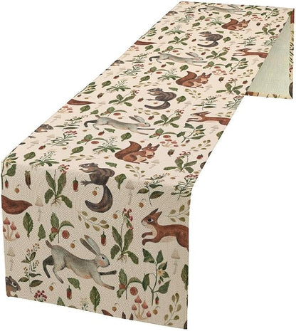 Rustic Forest Table Runner, Cartoon Woodland Wild Animals Rabbit Fox Vintage Botanical Mushroom Herbs Table Cover for Indoor Outdoor Home Decor Party, 13x70inch
