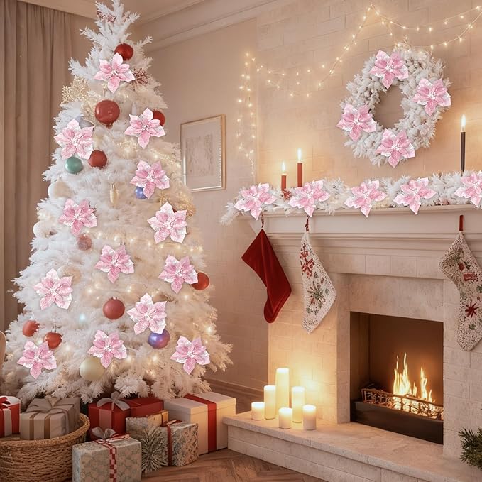 24 Pcs Christmas Poinsettia Flowers Artificial with Clips, 5.9" Christmas Decor Glitter Poinsettia Flowers for Christmas Tree New Year Wedding Party Wreath DIY Garland Decor (Pink)