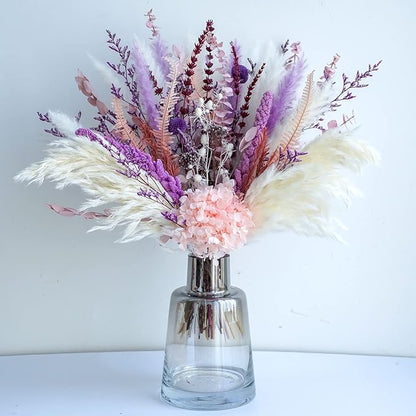 MUYEJI Natural Dried Flowers Pampas Grass Bouquet, Boho Home Table Decor, White & Purple Pampas Grass, Fluffy Dried Flower Arrangement for Table Centerpiece, Home Office Wedding Decorations