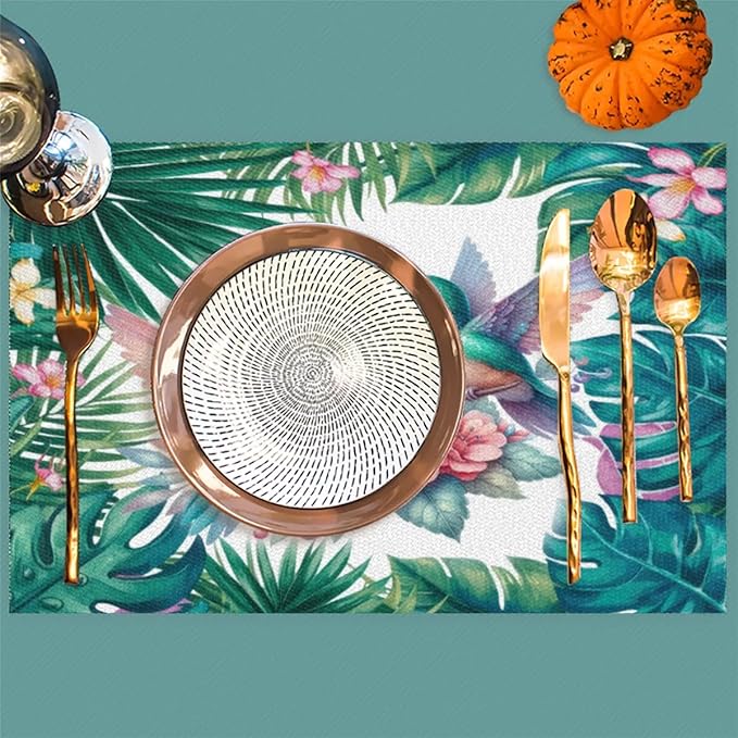 PVC Placemats Set of 1 Summer Palm Leaf Bird Wipeable Table Mats Washable Heat Resistant Non Slip Vinyl Dining Table Mat for Kithen Indoor Outdoor Patio Farmhouse Place Mats Decorative