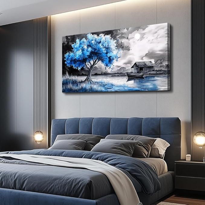 PHAOHUAXM Wall Art For Living Room Large Wall Decor For Bedroom Black White And Blue Trees Wall Pictures Artwork Restaurant Office Frame Printing Canvas Artwork Modern Home Decor Aesthetic 24x48 in