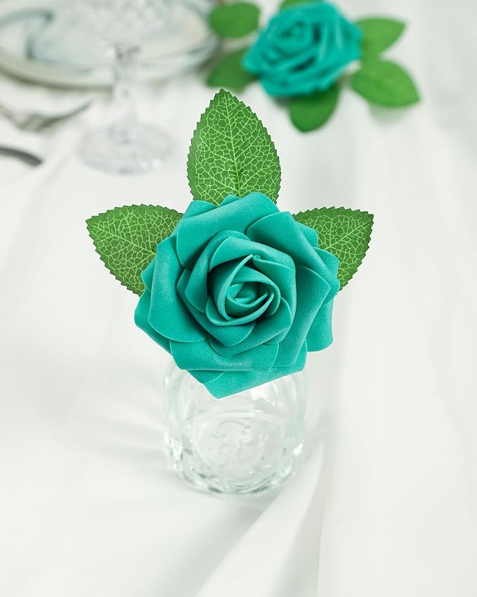 DuHouse Artificial Roses Flowers Fake Roses with Stems Real Touch Foam Flowers for DIY Wedding Bouquet Baby Shower Centerpiece Floral Arrangement Party Home Decor(Teal Blue-Green)