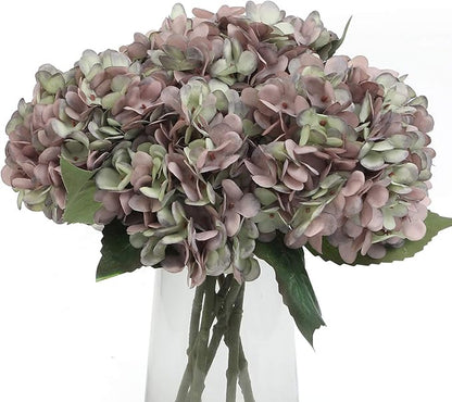 Kimura's Cabin 6pcs Fake Hydrangea Flowers Vintage Artificial Silk Hydrangea Bouquets with Stems Faux Hydrangeas for Wedding Party Home Table Core Decoration (Green Purple, Pack of 6)
