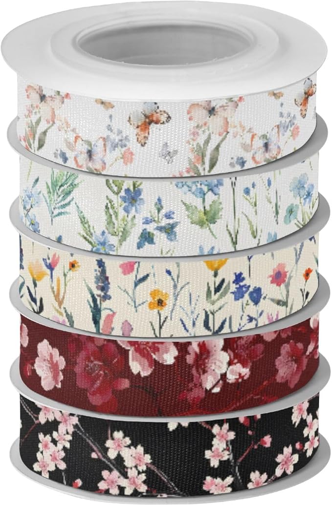 Butterfly Florals Fabric Ribbon for Gift Wrapping Crafts Flower Bouquet Wedding Party Decorative Assorted Patterns 5 Yards×5 Rolls