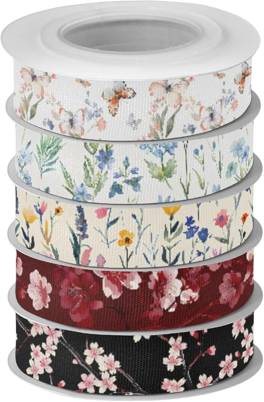 Butterfly Florals Fabric Ribbon for Gift Wrapping Crafts Flower Bouquet Wedding Party Decorative Assorted Patterns 5 Yards×5 Rolls