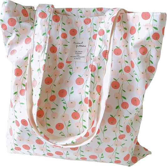 Cotton Canvas Tote Bag Reusable Soft Grocery Cloth Bag Floral Shoulder Bag for Beach Travel Shopping
