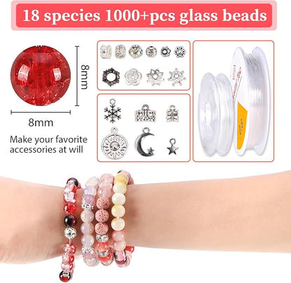 Tunmiok Glass Beads for Jewelry Making Kit with Metal Charms & Crystal String - Includes Spacers, Flower Holders - Bracelet kit, Necklace, Earring Set Supplies for Adults (Pink)