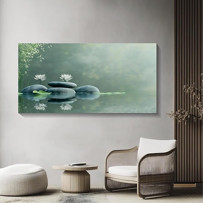 Iallbin Zen Stone Wall Art & Zen Wall Decor, Tranquil misty pond two white lotus flowers -for Yoga Meditation Room, Spa & Bathroom, Green Serenity Art Deco Style, Ready to Hang, 58x29 Inches