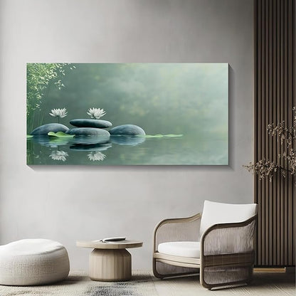 Iallbin Zen Stone Wall Art & Zen Wall Decor, Tranquil misty pond two white lotus flowers -for Yoga Meditation Room, Spa & Bathroom, Green Serenity Art Deco Style, Ready to Hang, 58x29 Inches