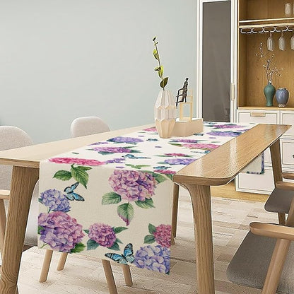 Hydrangea Table Runner, Spring Summer Watercolor Purple Floral Seasonal Country Farmhouse Coffee Table Center Decor for Home Kitchen Dining Patio Holiday Party Table Decorations 13x90 inches