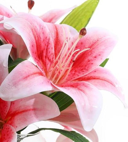 Artificial Tiger Lily Arrangement in Glass Vase, Real Touch Silk Flowers, FakeLilies with Faux Water