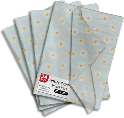 Pro Supply Global Daisies Printed Tissue Paper for Gift Bags or Boxes and Wrapping - Spring Floral Bulk Decorative Art Tissue Paper for Packaging and Gifting | 24 Sheets 20" x 30"