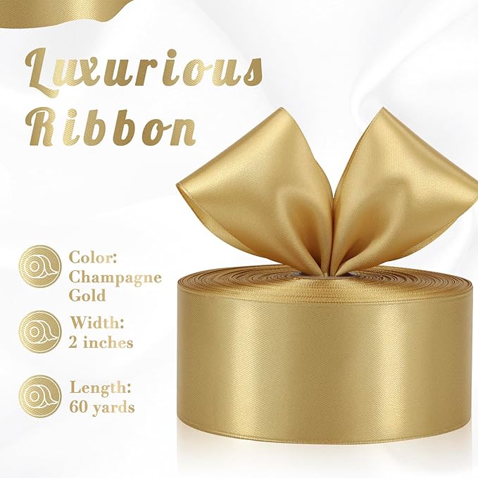 Champagne Gold Ribbon 2 Inch 60 Yards, Gold Satin Ribbon for Gift Wrapping, Flower Bouquet, Wedding, Crafts, Baby Shower, Christmas and Outdoor Decor