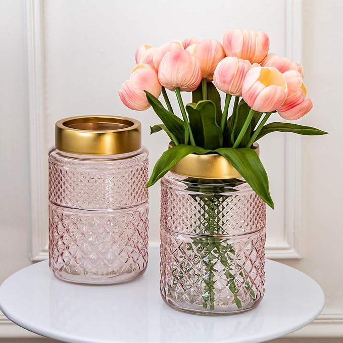 2-Pack Flower Vase Glass, 7.6 inch Pink Fluted Vase with Golden Metal Top, Stylish Decorative for Tabletop Centerpiece, Kitchen, Living Room, Bedroom, Bathroom, Office