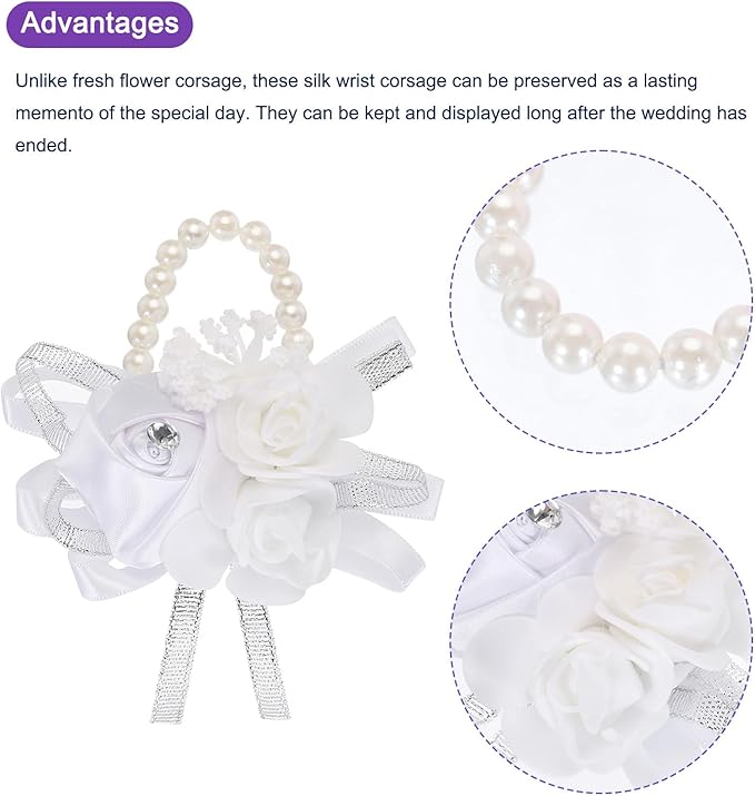 MECCANIXITY Wrist Corsage Artificial Flower Bracelets Rose Wrist Bride Groom Decorative for Wedding Ceremony Prom Party Anniversary White