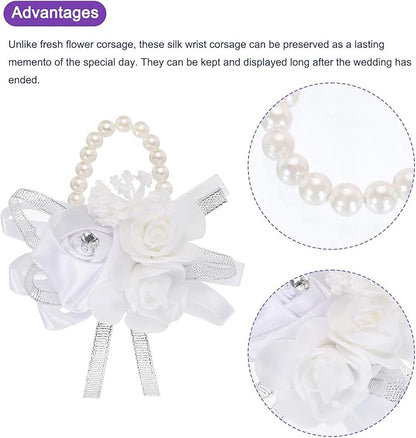 MECCANIXITY 3Pcs Wrist Corsage Artificial Flower Bracelets Rose Wrist Bride Groom Decorative for Wedding Ceremony Prom Party Anniversary White